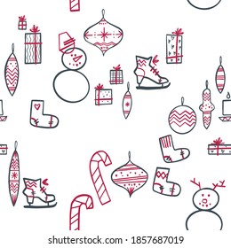 Winter christmas elements pattern. Snowman, candles, warm socks, ice skates and lollipops. Illustration in a Scandinavian, minimalistic style.