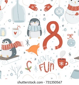 Winter and christmas elements seamless pattern. Bright and cute penguins, snowman, cup of hot chocolate, fox and other cute elements in red blue colors Traditional design. Vector illustration.