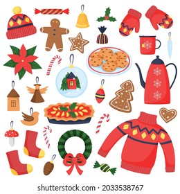 Winter and Christmas elements set. Colorful vector items. Christmas illustration. New Year decoration clipart. Design for prints and cards.