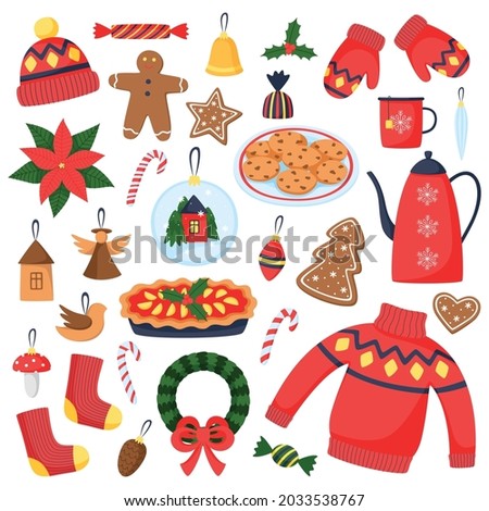 Winter and Christmas elements set. Colorful vector items. Christmas illustration. New Year decoration clipart. Design for prints and cards.