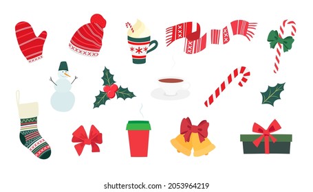 Winter Christmas elements set, flat vector illustration