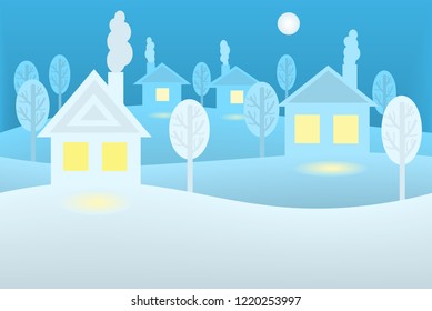 Winter Christmas evening picture with houses with light in the windows and trees in the style of paper art and craft