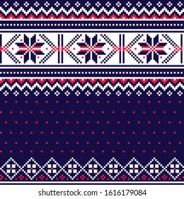 Winter, Christmas Fair Isle style traditional knitwear vector seamless pattern, retro Scottish knit repetitive design with snowflakes. 
Retro textile folk art background inspired by traditional