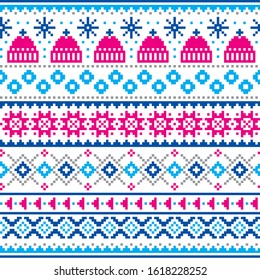 Winter, Christmas Fair Isle style traditional knitwear vector seamless pattern with winter hats and snowflakes. Scottish retro textile folk art background inspired by traditional pattern