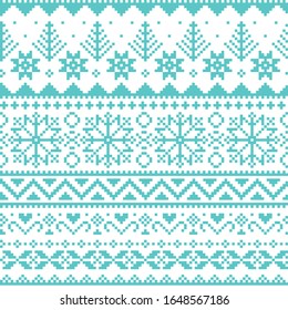 Winter, Christmas Fair Isle style traditional knitwear vector seamless pattern with snowflakes, trees and hearts. Scottish retro textile folk art background inspired by traditional patterns