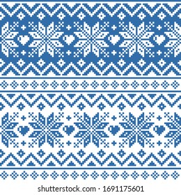 Winter, Christmas Fair Isle style traditional knitwear vector seamless geometric pattern with snowflakes, hearts 
