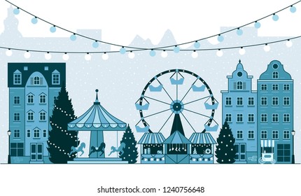 Winter Christmas fair market, Happy New year and Christmas Europe city, souvenir stalls, gift shops, Ferris wheel, garlands, carousel with horses, Christmas trees, socks, gifts. City winter landscape