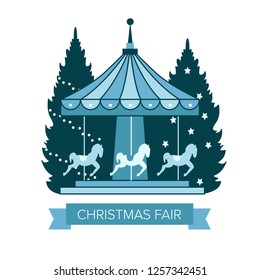 Winter Christmas fair market, Happy New year and Christmas Europe city, carousel with horses, Christmas trees, city winter landscape. Blanks for advertising flyer, postcard, postcard