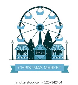Winter Christmas fair market, Happy New year and Christmas Europe city, souvenir stalls, gift shops, Ferris wheel, garlands. Christmas trees, socks, gifts. City winter landscape