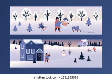 Winter Christmas Flat design banners template. Landscape Vector Background