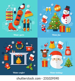 Winter and christmas flat set with sports fun comfort and holidays isolated vector illustration