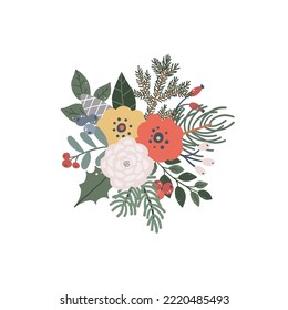 Winter Christmas floral bouquet with flowers, spruce, green leaves. Botanical nature plant, foliage arrangement vector illustration