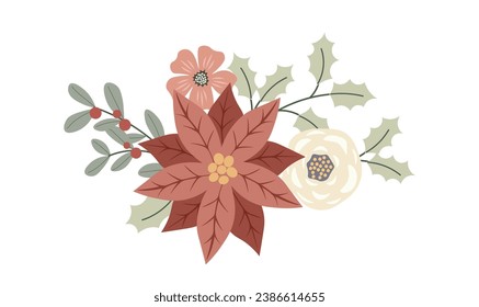 Winter Christmas floral composition with pancetta and red berries. Design for Holidays invitation card, poster, banner, greeting card, postcard. Vector illustration