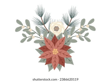 Winter Christmas floral composition with pancetta and red berries. Design for Holidays invitation card, poster, banner, greeting card, postcard. Vector illustration