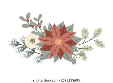 Winter Christmas floral composition with pancetta and red berries. Design for Holidays invitation card, poster, banner, greeting card, postcard. Vector illustration