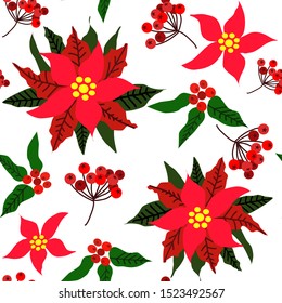 Winter Christmas Floral Seamless Pattern, Christmas Surface Pattern, Winter Vector Repeat Pattern for Home Decor, Textile Design, Fabric Printing, Stationary, Packaging, Wall paper or Background