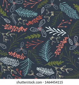 Winter Christmas foliage seamless pattern. Elegant retro doodle style holiday season print background design. Vector