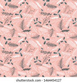 Winter Christmas foliage seamless pattern. Elegant retro doodle style holiday season print background design. Vector
