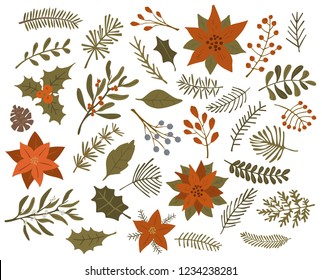 winter christmas foliage twigs branches red berries set, isolated vector illustration