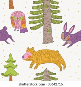 Winter Christmas forest with animals