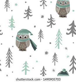 Winter Christmas forest with cute owls. Vector seamless pattern