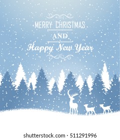 Winter christmas forest with deer