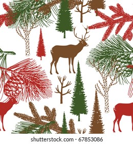 Winter Christmas forest with deer. seamless pattern