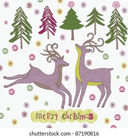 Winter Christmas forest with deers