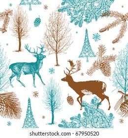 Winter Christmas forest with deers. seamless pattern