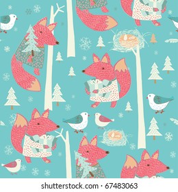 winter Christmas forest with fox and bird