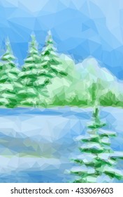 Winter Christmas Forest Landscape with Fir Trees, Bushes and a Blue Sky. Low Poly Style