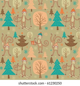 Winter Christmas forest with monkey