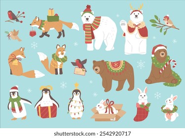 Winter Christmas forest and north pole animals cute vector illustration