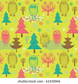 Winter Christmas forest with owl seamless pattern