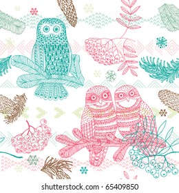 Winter Christmas forest with owl seamless pattern