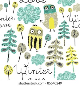 Winter Christmas forest with owl seamless pattern