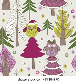 Winter Christmas forest with owls
