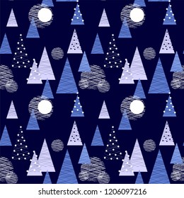 Winter Christmas forest - Seamless vector  pattern with golden, blue, red spruces 