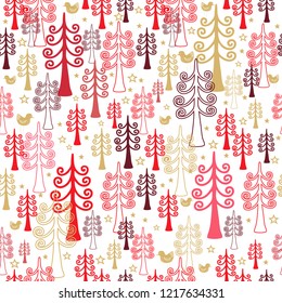 "Winter Christmas forest" - Seamless vector  pattern with golden, green, red spruces and golden birds on white background