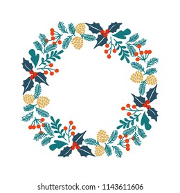 Winter Christmas frame, vector illustration. Christmas greeting card with wreath.  Perfect for Christmas and New Year greetings, invitation. Vector hand drawn illustration