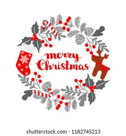 Winter Christmas frame, vector illustration. Christmas greeting card with wreath, Christmas socks and deer. Perfect for Christmas and New Year greetings, invitation. Vector hand drawn illustration