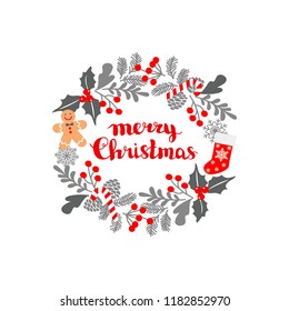 Winter Christmas frame, vector illustration. Christmas greeting card with wreath, Christmas socks and gingerbread Man. Perfect for Christmas and New Year greetings, invitation. 