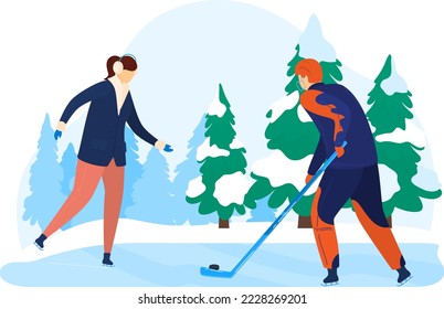 Winter christmas fun skiing hockey outdoor people. hockey in winter, ice skating, playing outdoors, active season cartoon style vector illustration isolated on white