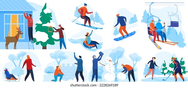 Navidades de invierno, diversión en el esquí patina bolas de nieve para la gente al aire libre. Esquiar en invierno, patinaje sobre hielo, jugar bolas de nieve al aire libre, animación de temporada de dibujos animados tipo vector ilustración aislado en blanco