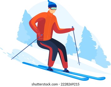 Winter christmas fun skiing skates outdoor games man. Skiing in winter, ice skating, playing outdoors, active season cartoon style vector illustration isolated on white