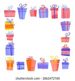 Marco de cajas de regalo de Navidad de invierno. Fiesta colorida dibujada a mano regalos de Año Nuevo. Ilustración vectorial moderna de estilo plano para tarjetas, folletos o carteles.