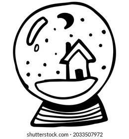 Winter Christmas glass ball, black outline, doodle. A house in the snow. Design of stickers, postcards, posters, holiday decorations, prints.