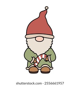 winter christmas Gnome with candy cane On white background