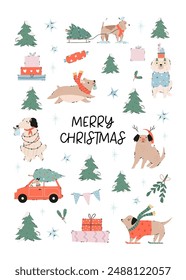 Winter Christmas greeting card with holiday scene and funny dogs. Hand drawn illustration with funny animal characters.