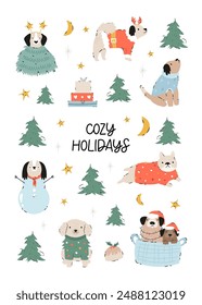 Winter Christmas greeting card with holiday scene and funny dogs. Hand drawn illustration with funny animal characters.
